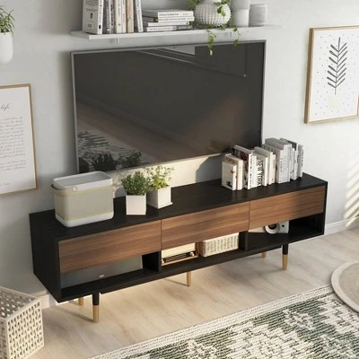 Vanore Mid-Century 3 Drawer TV Stand For TVs Up To 80" Black - HOMES: Inside + Out 5 Vanore Mid-Century 3 Drawer TV Stand For TVs Up To 80" Black - HOMES: Inside + Out - Image 3